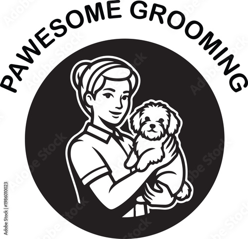 A cheerful groomer holding a small dog in a stylish logo for pawesome grooming services - stock vector.