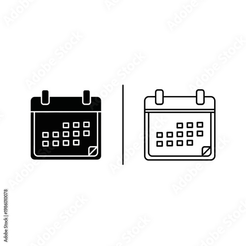Black and outline calendar icons for scheduling and date management with calendar schedule organizer business management reminder isolated
