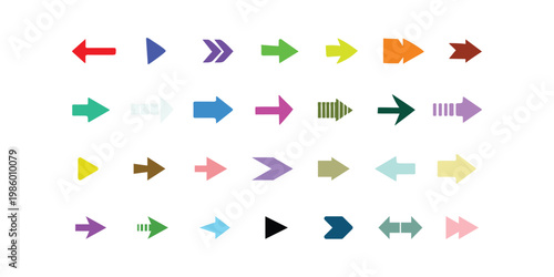 Vector collection of colored arrows. Colorful arrow symbols. Set of flat vector arrows. Arrows set vector illustration. Colorful arrow symbols.
