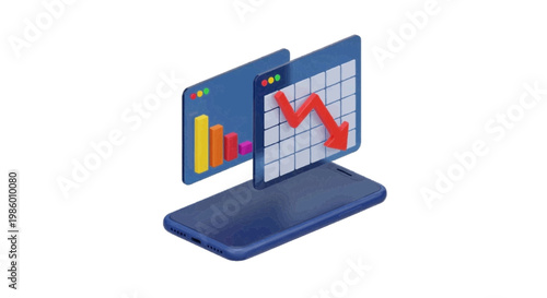 Vector illustration of smartphone with financial charts and red downward arrow, on a transparent background