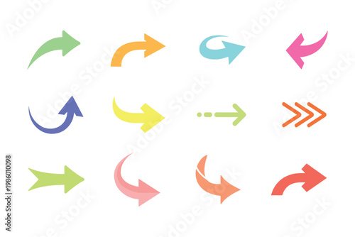 Vector collection of colored arrows. Colorful arrow symbols. Set of flat vector arrows. Arrows set vector illustration. Colorful arrow symbols.
