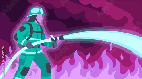 Firefighter battling flames with a hose in a dramatic emergency situation