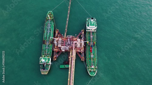 Aerial view of oil tankers unloading and exporting at an offshore port, supporting global energy transport and international trade.