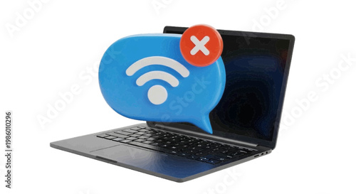 Vector illustration of laptop with wifi error message bubble, no internet connection, 3d render on a transparent background
