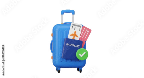 Vector illustration of 3d illustration of travel suitcase with passport, boarding pass, and tickets, on a transparent background