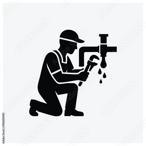 A silhouette of a plumber fixing a leaking pipe or faucet.