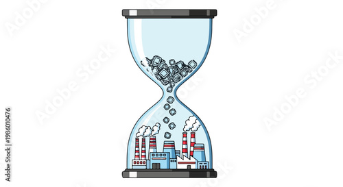 Hourglass with computer chips falling into industrial factories symbolizing semiconductor shortage