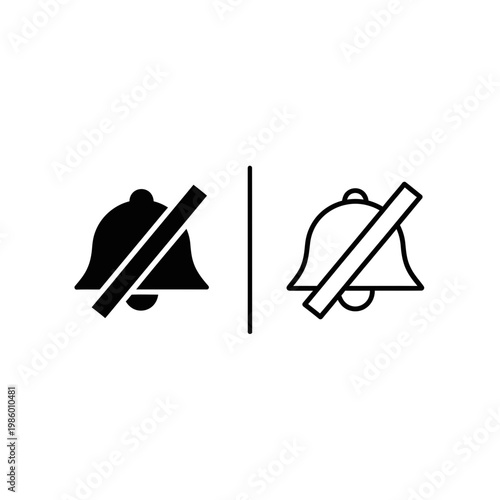 Muted bell notification icons in solid and outline styles representing silent mode and no alerts with notification interface electronic software