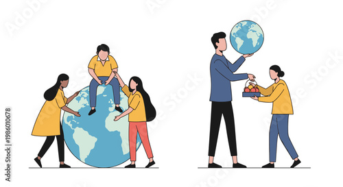 Family teamwork holding earth global unity illustration