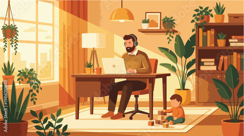 Cozy home office scene with a dad working on a laptop and his child playing with blocks, illustrating family bonding and remote work lifestyle with warm sunlight streaming through the window.
