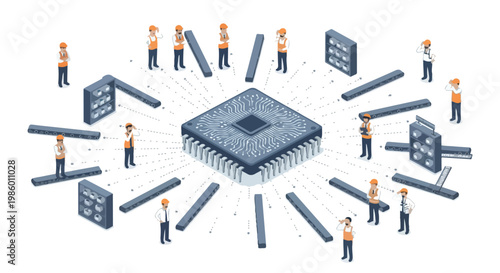 Isometric Illustration of Global Semiconductor Shortage and Microchip Production Challenges