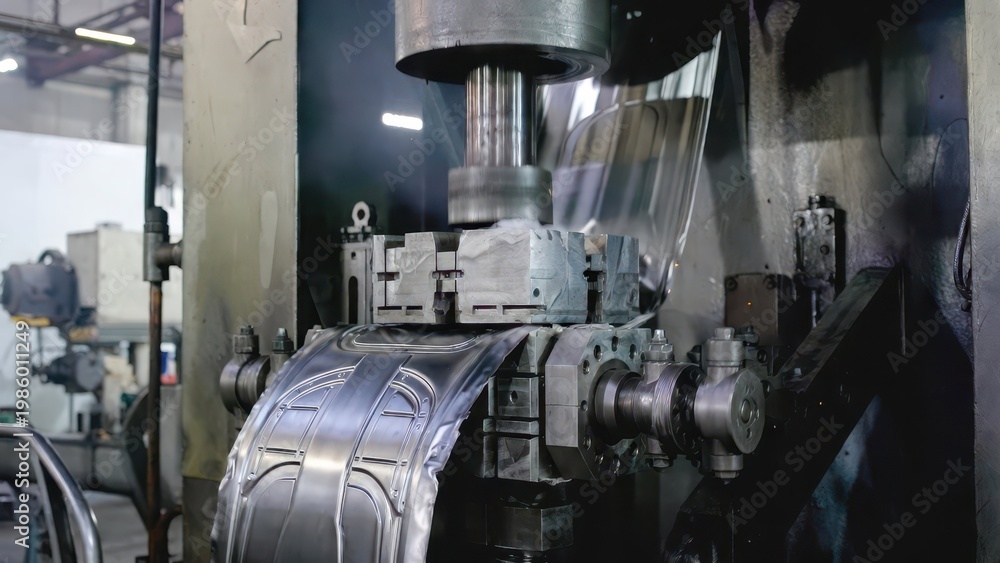 Obraz premium Industrial Metal Stamping Process in Manufacturing Factory Setting