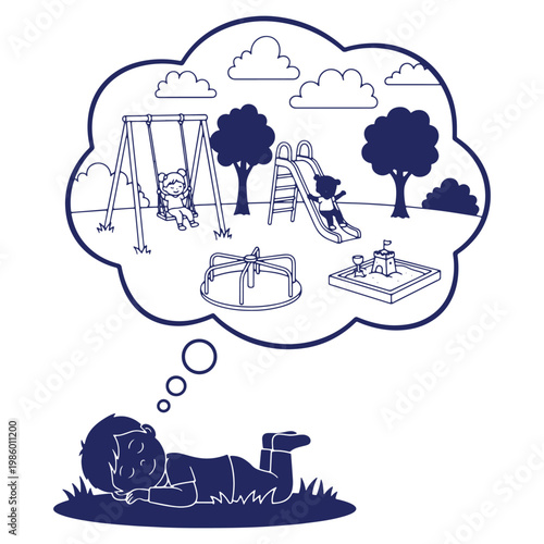 Boy dreaming of a fun day at the playground with swings slide merry go round and sandbox filled with joy and happiness