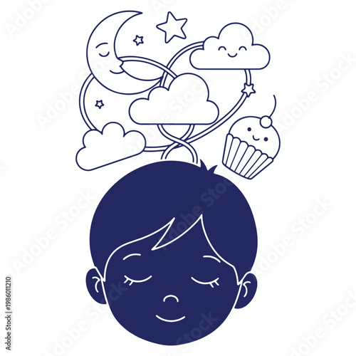 Boy dreaming of moon stars clouds and cupcake in monochromatic vector illustration graphic design template concept for bedtime story children education or mental health