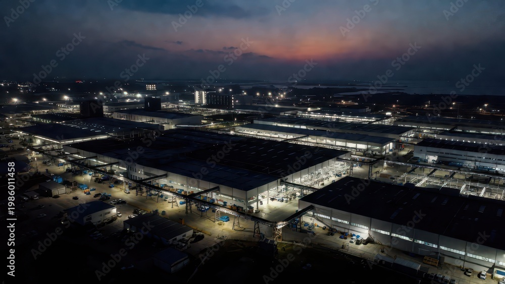 Fototapeta premium Aerial View of Industrial Complex at Dusk with Vibrant Sky Colors