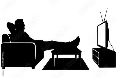 Man Watching TV Silhouette Vector | Home Entertainment Relaxed Lifestyle Illustration Collection