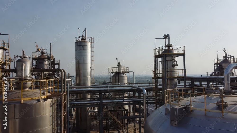 Obraz premium Industrial Plant Equipment with Silos and Pipelines Against Sky
