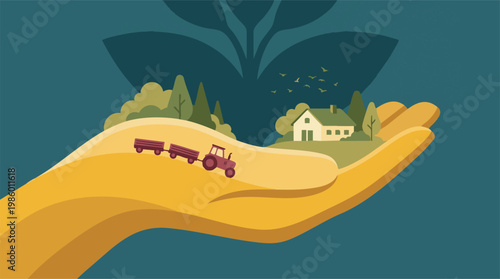 Hand cradling a lush green farm landscape with house, tractor, and trees
