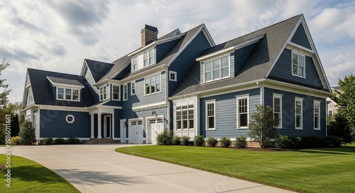 A massive blue house with multiple windows and gables, featuring a curved driveway and a neat lawn.