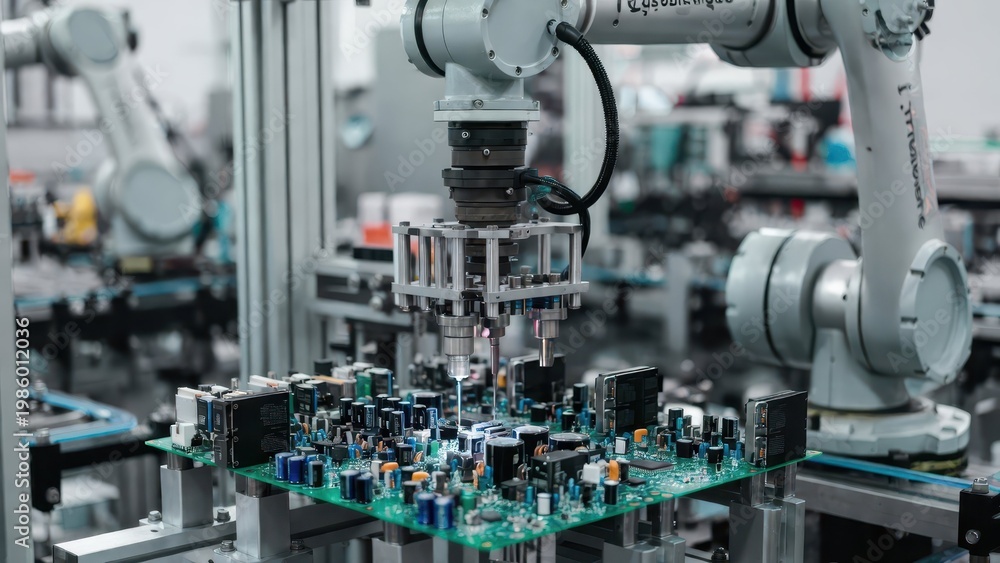 Obraz premium Robotic Arm Assembling Electronic Components in Modern Factory