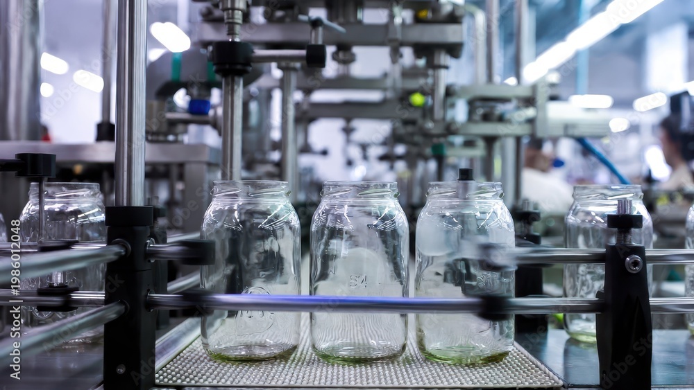 Naklejka premium Automated Production Line with Glass Jars in Food Processing Plant