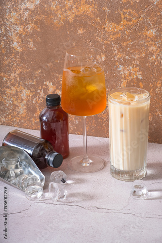 Cold brew coffee in bottles, cold brew with milk and cold brew tonic