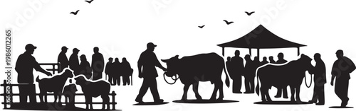 Eid Cattle Market At Night With Mosque And Crowd Illustration