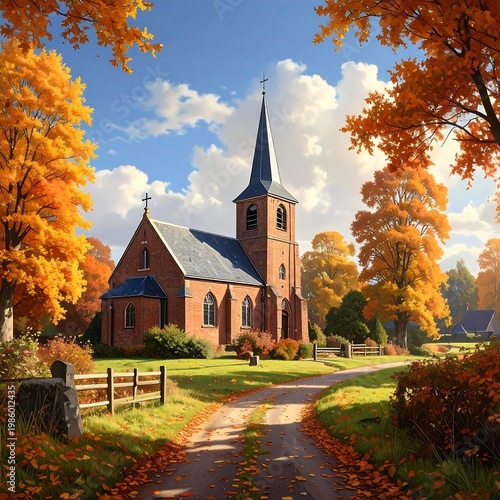 A serene autumn scene with a church and pathway