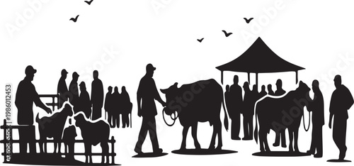 Eid Cattle Market At Night With Mosque And Crowd Illustration
