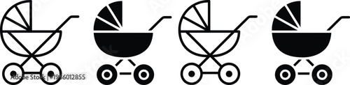 Four stylized baby strollers with varying levels of filled bassinets