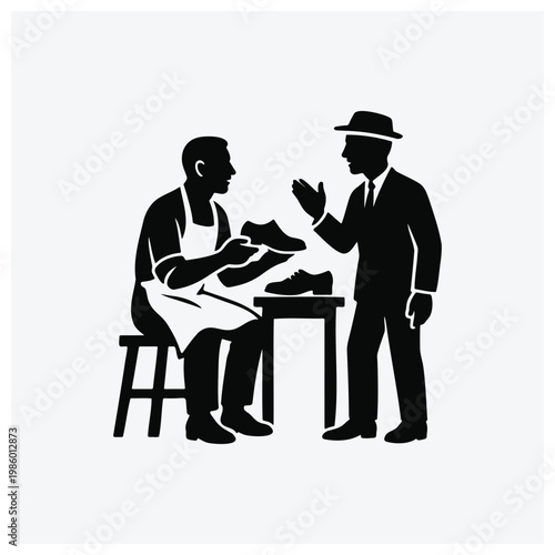 Shoemaker fitting and selling shoes to a customer silhouette icon