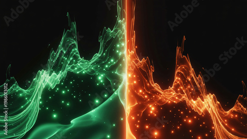 A vibrant digital illustration of contrasting green and orange lights on a dark background