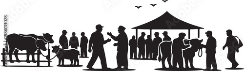 Eid Cattle Market At Night With Mosque And Crowd Illustration