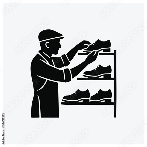 Cobbler polishing shoes on a rack
