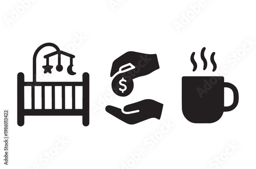 Baby money and coffee icons representing parenthood s core elements
