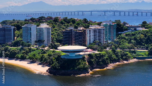 Niteroi Skyline In Niteroi In Rio De Janeiro Brazil. Contemporary Art Museum. Downtown District. President Costa E Silva Bridge. Niteroi Skyline In Rio De Janeiro Brazil. Beautiful Cityscape. 