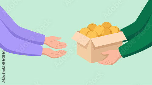 Illustration of hands exchanging a box filled with fresh oranges or fruit