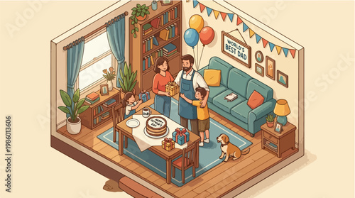 Father's Day Celebration in Cozy Isometric Living Room Family Bonding with Gifts and Cake Dad Receives Presents from Wife and Children Dog Watches Happily