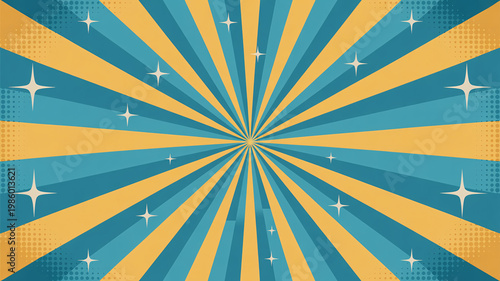 A vibrant and dynamic abstract background with yellow and blue rays and white stars