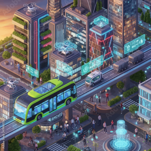 Slika na platnu Futuristic electric bus on elevated track in smart city.