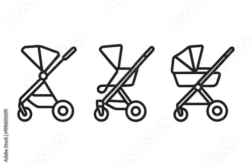 Three different styles of baby strollers illustrated in black and white