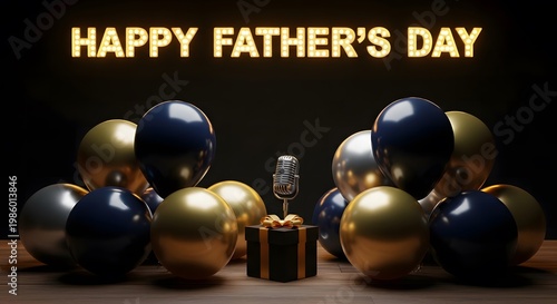 Happy father's day festive celebration with balloons champagne and a heartwarming greeting