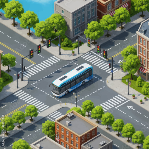 Modern Bus Navigating City Intersection with Pedestrian Crosswalks.