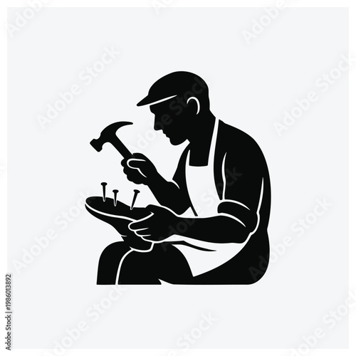 Silhouette of a craftsman or carpenter working with nails and a hammer.