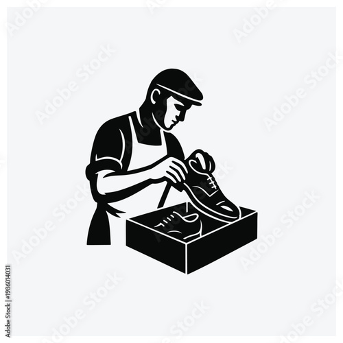 Man repairing or working on shoes in a box silhouette