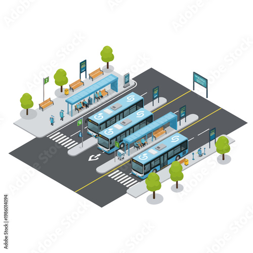 Modern City Bus Station with Multiple Buses and Passengers.
