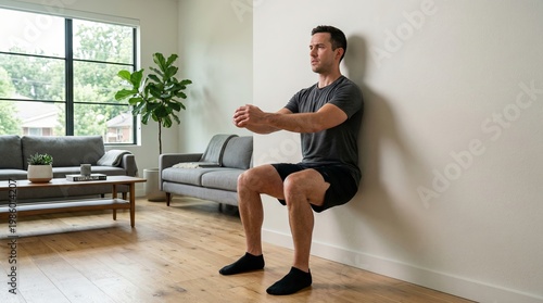 Person doing wall sit exercise. Man practicing wall sit in cozy living area during daylight