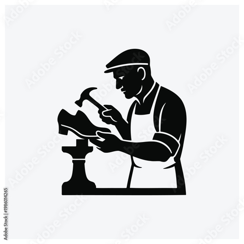 Minimal silhouette of a shoemaker or cobbler repairing shoes.