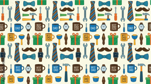 Father's Day Seamless Pattern with Ties Mugs Mustaches Tools Gifts Watches Bow Ties and Wrenches Celebrating Dad and Family Bonding