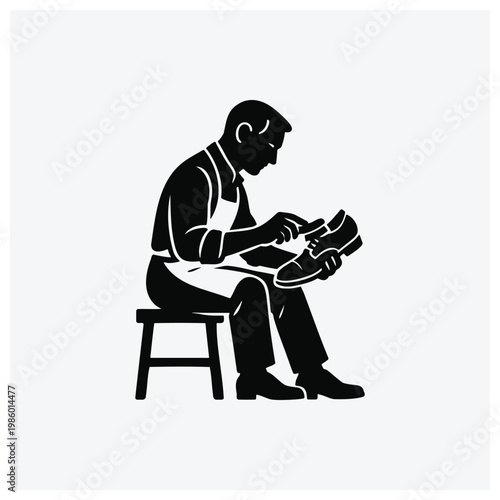 Black silhouette illustration of a shoe repairman sitting and fixing shoes.